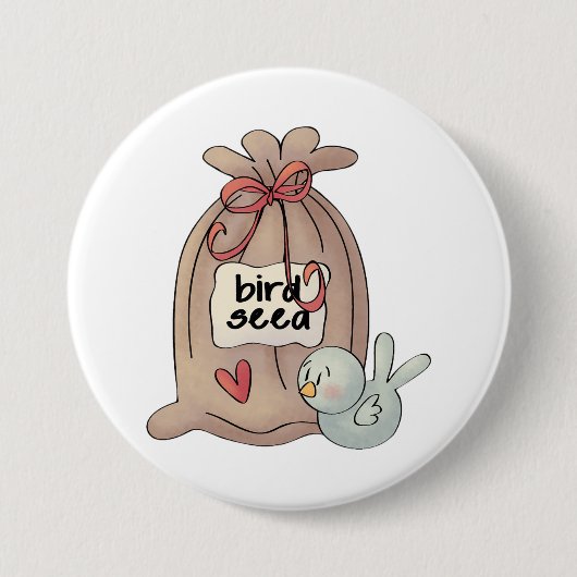 Vogelzaadzak met boog en hart ronde button 7,6 cm (Voorkant)