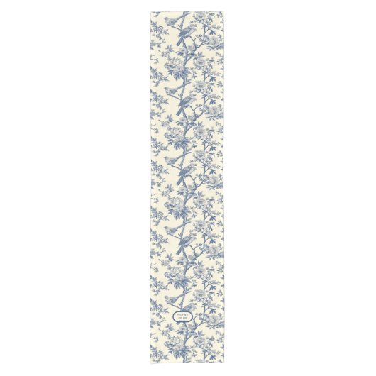 Vogelzang Kobalt en Cream Toile de Jouy Korte Tafelloper (Voorkant)