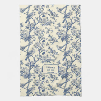 Vogelzang Kobalt en Cream Toile de Jouy Theedoek