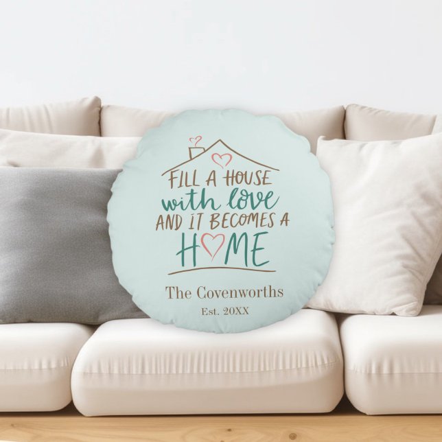 Vol liefde  housewarming rond kussen (Filled with Love Housewarming Round Pillow)