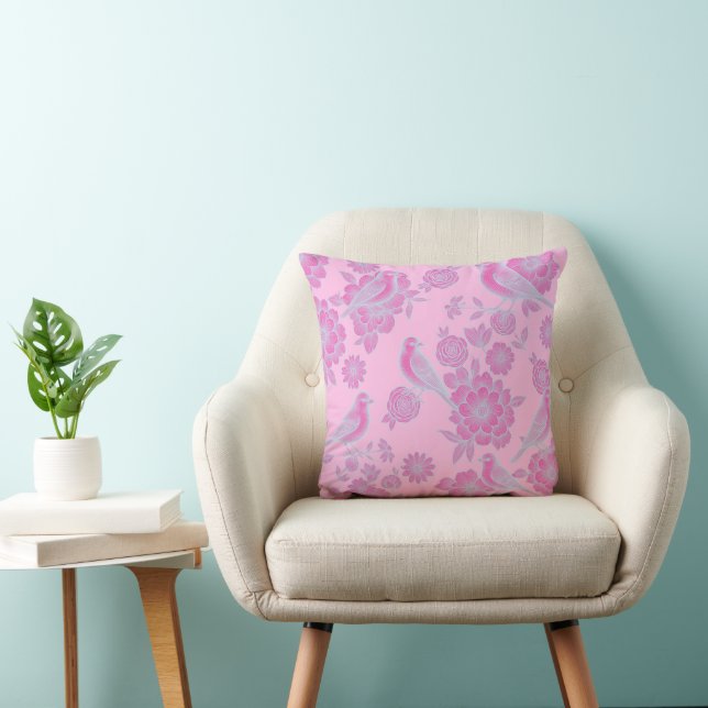 Vol Zacht Roze 🌸 Bloemenvogel Kussen (Stoel)