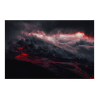 Volcanic Eruption Lava Rivers Night Landscape Foto Afdruk