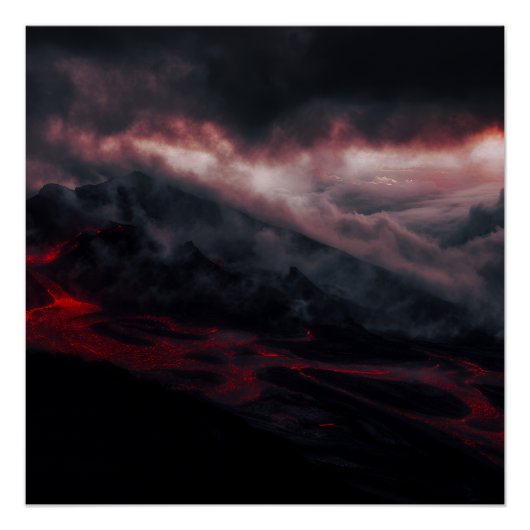 Volcanic Eruption Lava Rivers Night Landscape Perfect Poster (Voorkant)