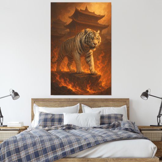 Volcanic White Tiger | Inferno King of the Fire Re Canvas Afdruk (Insitu (Slaapkamer))