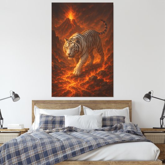 Volcanic White Tiger | Inferno King of the Fire Re Canvas Afdruk (Insitu (Slaapkamer))