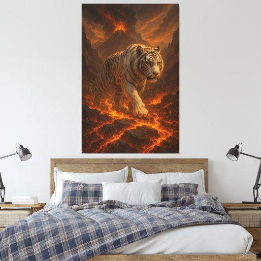 Volcanic White Tiger | Inferno King of the Fire Re Canvas Afdruk (Insitu (Slaapkamer))