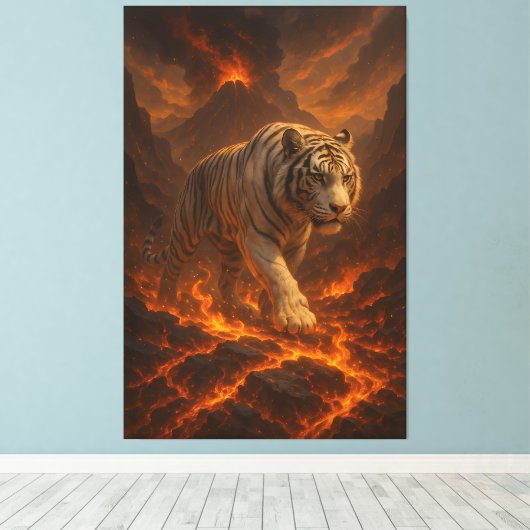 Volcanic White Tiger | Inferno King of the Fire Re Canvas Afdruk (Insitu (Houten vloer))