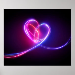 Volet roze neon lichttekening. Abstracte hartdood Poster