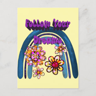 Volg je dromen - regenboog en bloemen briefkaart