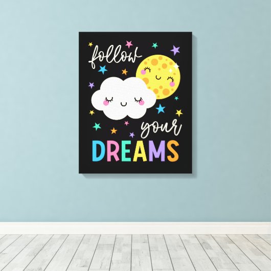 Volg je dromen | Wolk & Moon Canvas Afdruk (Insitu (Houten vloer))