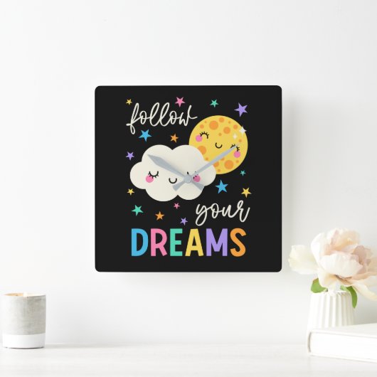 Volg je dromen | Wolk & Moon Vierkante Klok (Huis)