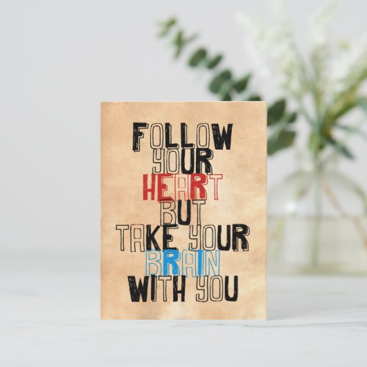 Volg je hart maar neem je brein mee briefkaart (Staand voorkant)