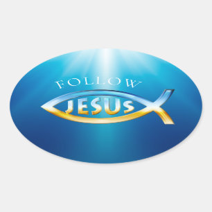 Volg Jesus - Christelijk vissymbool Sky & Ground Ovale Sticker