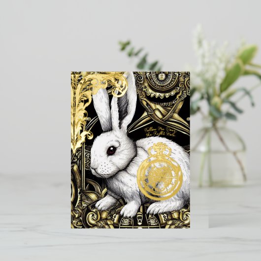 Volg me in het konijnengat folie feestdagen briefkaart (Staand Voorkant)