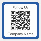 Volg ons Blauw en Wit Bedrijfsnaam QR Code Vierkante Sticker (Voorkant)
