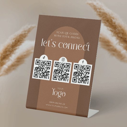 Volg ons Social Media 3 QR Codes Boho Terracotta Reclamebord Met Voetstuk