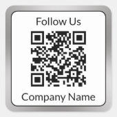 Volg ons Zwart Wit Zilver Bedrijfsnaam QRCode Vierkante Sticker (Voorkant)