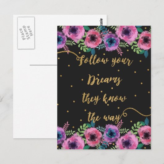 "Volg uw dromen die zij kennen", citaat Briefkaart (Voorkant / Achterkant)