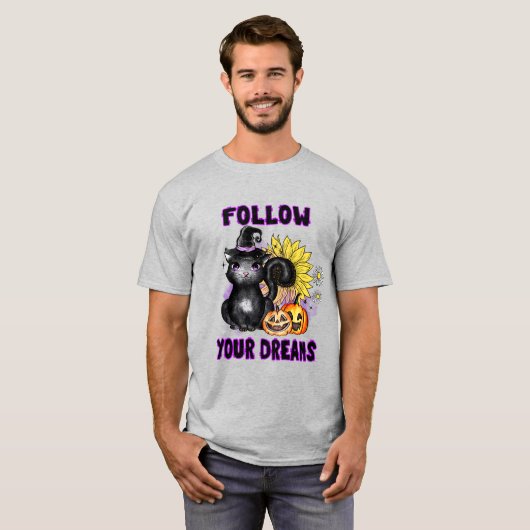Volg uw dromen - zwarte kat Jack-O-Lantern T-shirt (Voorkant volledig)