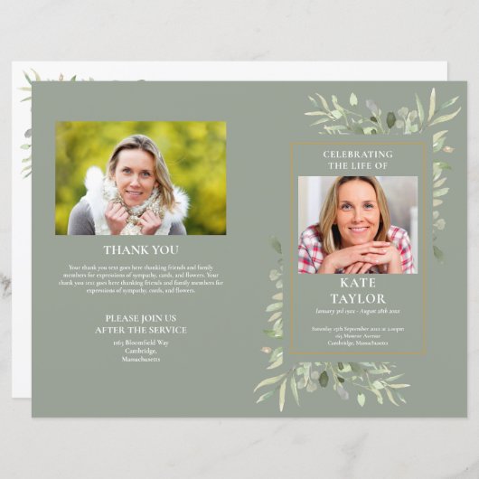 Volgorde van de dienst Sage Loof Uitvaartprogramma (Voorkant / Achterkant)