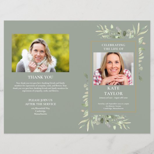 Volgorde van de dienst Sage Loof Uitvaartprogramma (Voorkant)