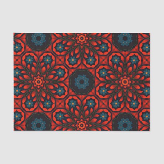 Volk Etnisch Rood Zwart Blauw Bloemen Patroon Tissuepapier (Voorkant)