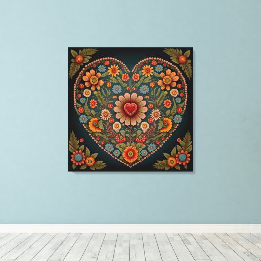 VOLK-kunst in Oekraïne - Geïnspireerd hart in meer Canvas Afdruk (Insitu (Houten vloer))