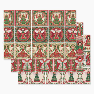 Volks kunst geïnspireerde engelen met Kerstmis 3 Inpakpapier Vel