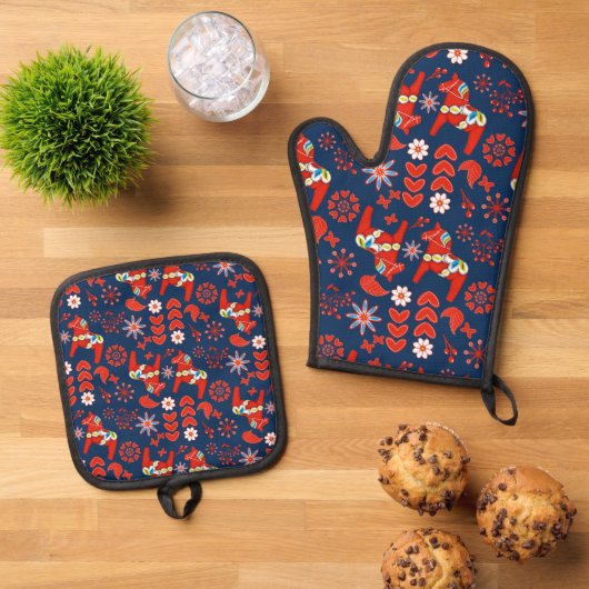 Volks Kunst Rood Zweeds Dala Paard Patroon Ovenwant & Pannenlap Set (Top down)