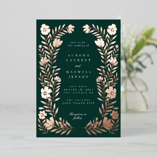 Volksbloem Botanisch Frame Huwelijk Folie Uitnodiging (Staand Voorkant)