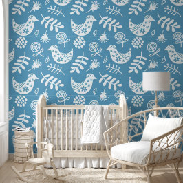 Volkskeunst Vogels Blauw Wit Behang