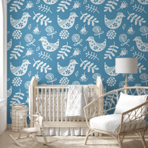 Volkskeunst Vogels Blauw Wit Behang