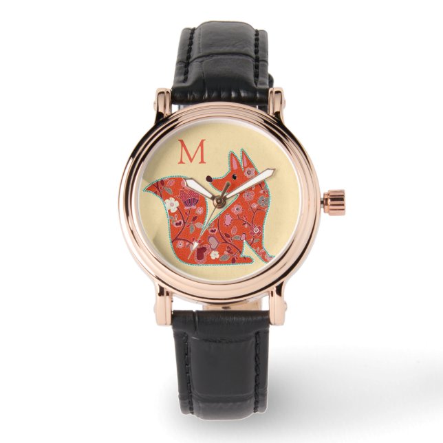 Volkskunst Bloem Motief Vos Monogram Horloge (Voorkant)
