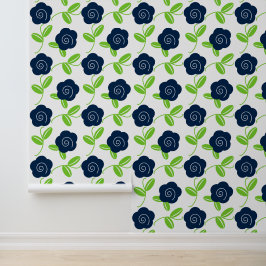 Volkskunst bloemendans in marineblauw op wit behang