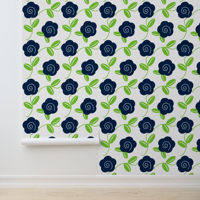 Volkskunst bloemendans in marineblauw op wit behang (Applicatie)