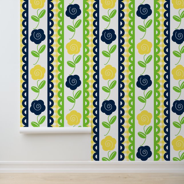 Volkskunst Bloemenschaal Streep - Geel Gingham Behang (Applicatie)