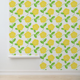 Volkskunst bloemenslinger in geel op wit behang