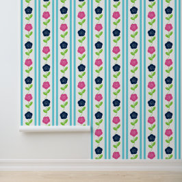 Volkskunst bloemmotief in hete roze en marineblauw behang