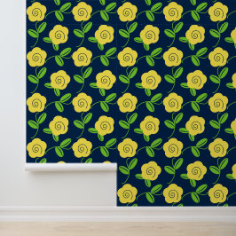 Volkskunst bloemstuk in geel op marineblauw behang