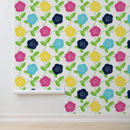 Volkskunst bloemstuk in preppy kleuren op wit behang