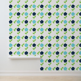 Volkskunst bloemvensterpaneel in aqua en marinebla behang