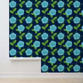 Volkskunst bloemworp in aqua op marineblauw behang