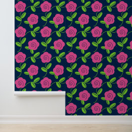 Volkskunst bloemworp in hete roze op marineblauw behang