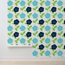 Volkskunst bloemworp in marineblauw en aqua op wit behang