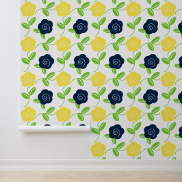 Volkskunst bloemworp in marineblauw en geel op wit behang