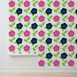 Volkskunst bloemworp in marineblauw en heet roze o behang