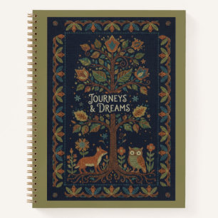 Volkskunst bos natuur, namaai-stiksel navy linnen notitieboek