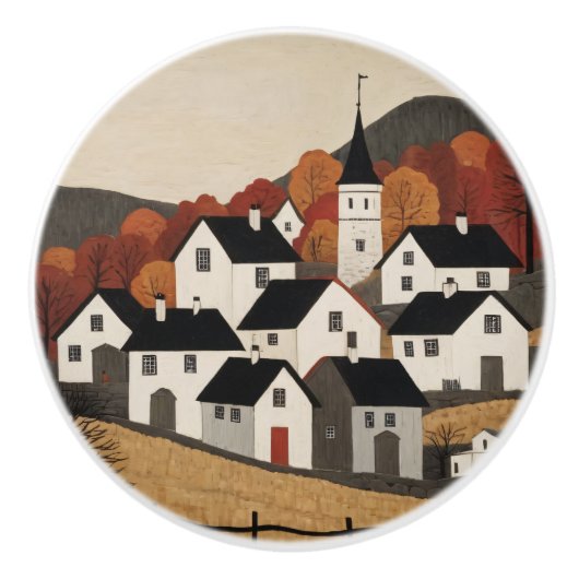  volkskunst dorpscène keramische knop (Voorkant)