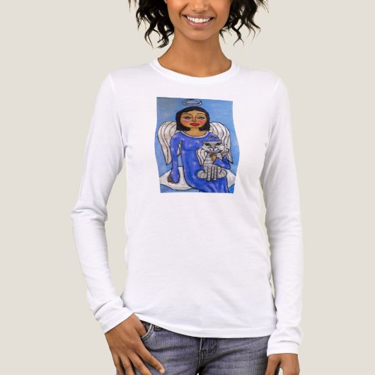 Volkskunst engel kat op wolk Tri-Blend shirt (Voorkant volledig)