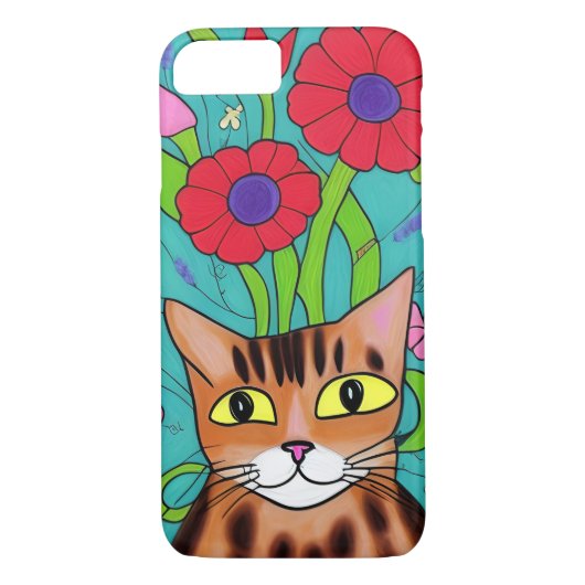 Volkskunst grillige kat en bloemen Case-Mate iPhone case (Achterkant)